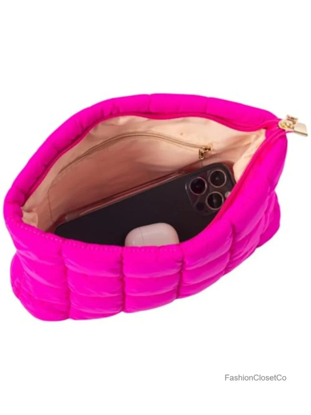 Quilted Puffer Makeup Bag with Pearl Bracelet - Cosmetic Pouch for Purse